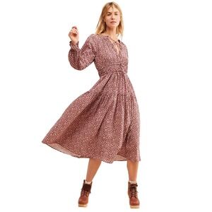 LACAUSA Anthropologie Small Dama Dress  Red Magic Mushroom Midi‎ Elastic Waist